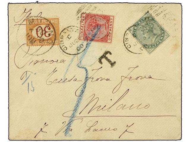 GIBRALTAR. 1900. GIBRALTAR To MILANO (Italy). 1 P. Rose And 1/2 P. Green. Taxed On Arrival With Italian 30 Cts. Stamp. - Autres & Non Classés