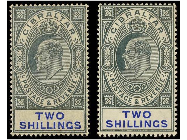 * GIBRALTAR. Sg.62/62a. 1904-08. 2 Sh. Green And Blue, 2 Stamps Light Hinged. Stanley Gibbons.220£. - Autres & Non Classés