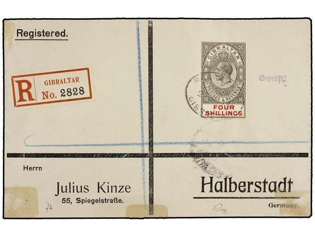 GIBRALTAR. 1913. GIBRALTAR To GERMANY. 4 Sh. Olive And Red. Registered Cover, Arrival On Back. - Autres & Non Classés