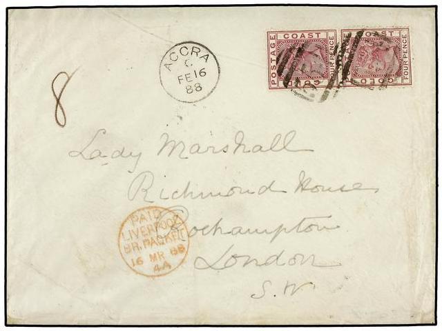 COSTA DE ORO. 1888 (16 Feb.). Envelope To LONDON, Bearing 1885 4 D. Deep Mauve Vertical Pair Affixed Sideways And Tied B - Otros & Sin Clasificación