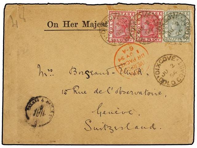 COSTA DE ORO. 1894 (June 2). OHMS Envelope To Geneva, Switzerland Franked By 1884 ½d. Dull Green And 1d. Carmine (2) Tie - Autres & Non Classés