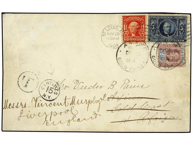 COSTA DE ORO. 1904. ST. LOUIS (U.S.A.) To AXIM (Gold Coast). 2 Cents Red And 5 Cents Blue Redirected To LIVERPOOL With G - Autres & Non Classés