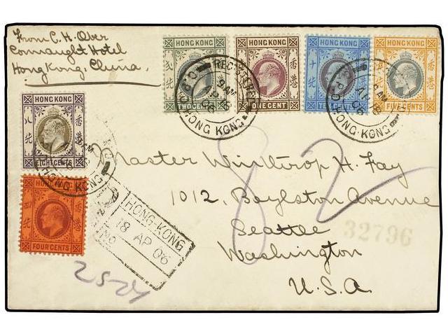 HONG KONG. 1906. Registered Cover To WASHINGTON STATE Franked By 1903-06 1 C., 2 C., 4 C., 5 C., 8 C. And 10 C. All Tied - Autres & Non Classés