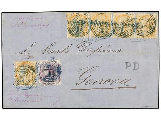 INDIA INGLESA. 1873. CALCUTA To GENOVA. 8 Pi. Lilac And 2 Annas Yellow (5) Commercial And Post Cancellations, Arrival Cd - Autres & Non Classés