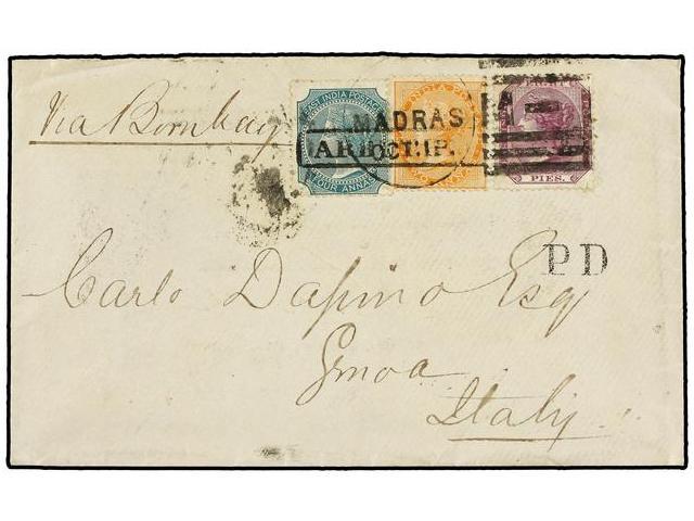INDIA INGLESA. 1875. MADRAS To GENOVA (Italy). 8 Pi. Lilac, 2 An. Orange And 4 Annas Green Via Brindisi, Arrival Cds On - Autres & Non Classés