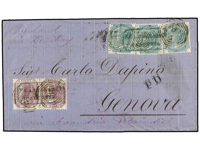 INDIA INGLESA. 1878. CALCUTTA To GENOVA. 8 Pi. Lilac (2) And 4 Annas Green (3), Double Rate, Via Brindisi, Arrival Cds O - Autres & Non Classés