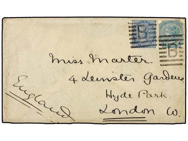 INDIA INGLESA. 1884. BELGAUM To LONDON. 1/2 Anna Blue And 4 Annas Green. - Autres & Non Classés