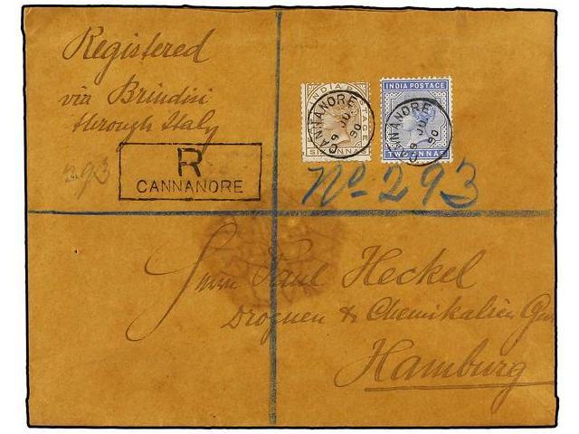 INDIA INGLESA. 1890. CANNANORE To HAMBURG. 2 A. Blue And 6 A. Brown, Registered Cover, Arrival On Back. - Autres & Non Classés