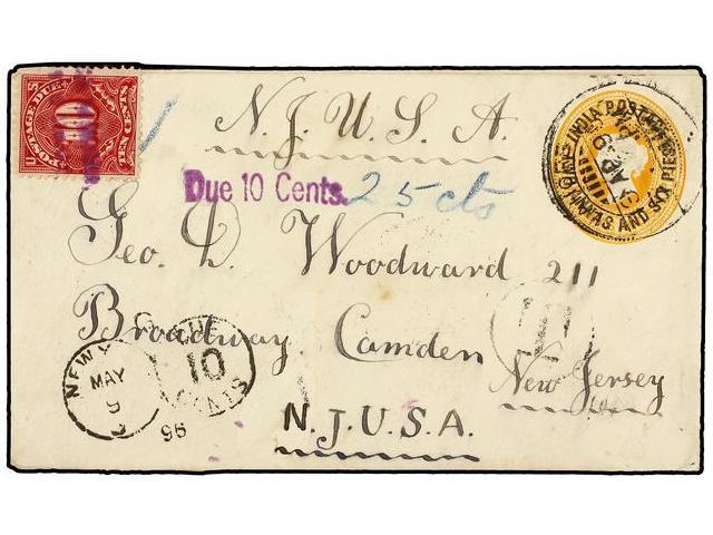 INDIA INGLESA. 1896. INDIA To USA. 2 An. 6 Pi. Yellow Postal Stationary Envelope, Taxed On Arrival With US 10 Cent. Clar - Autres & Non Classés