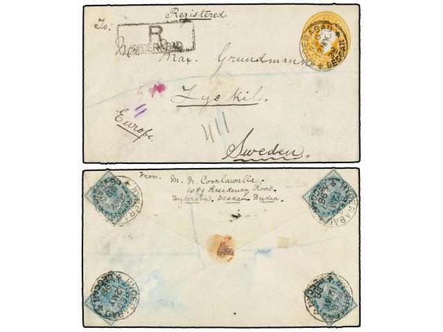 INDIA INGLESA. 1898. HYDERABAD To SWEDEN. 2 Anna Orange Envelope Uprated With Four Stamps Of 1/2 Anna Green, Send Regist - Autres & Non Classés