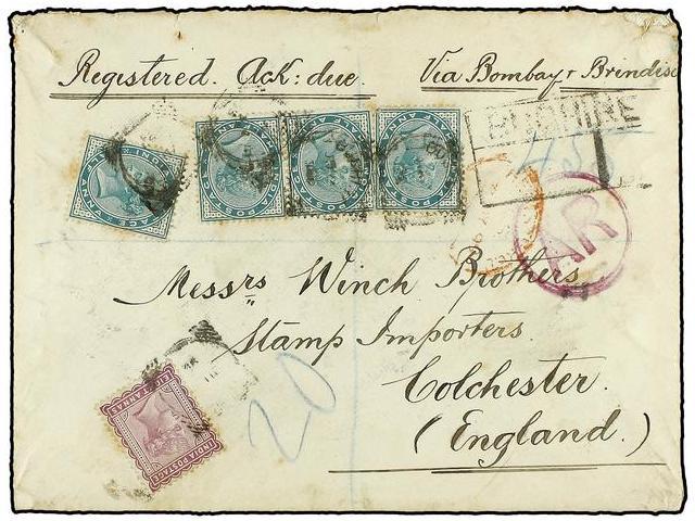 INDIA INGLESA. 1899 (Ju 14). Cover From BUSHIRE To COLCHESTER, Winch Brothers Correspondence, Endorsed ´Registered. Ack: - Autres & Non Classés