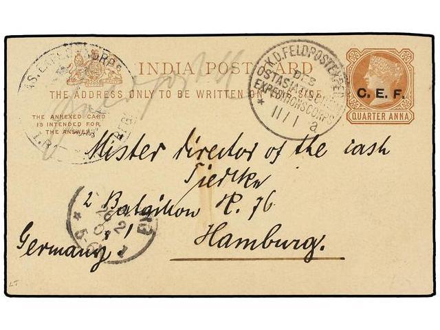 INDIA INGLESA. 1900. India Postal Stationary Card C.E.F. To GERMANY With K. D. FELDPOSEXPED./EXPEDITIONS CORPS. - Autres & Non Classés