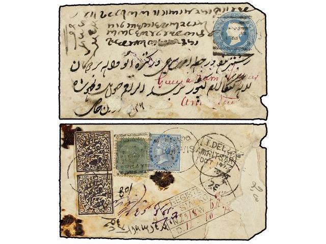 ESTADOS INDIOS. 1881. KASHMIR. 1/2 Anna Envelope Uprated With 1/2 Anna Blue And 4 Annas Green Mixed With Two Local CACHE - Andere & Zonder Classificatie