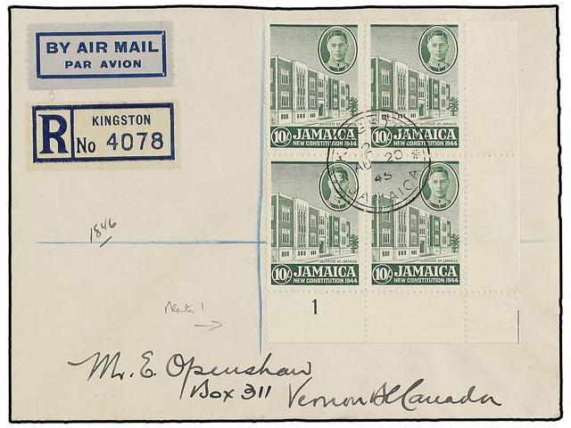 JAMAICA. Sg.134/40 (4). 1945. KINGSTON To CANADA. Complete Set In Block Of Four With Plate Number On Seven Covers, Arriv - Altri & Non Classificati