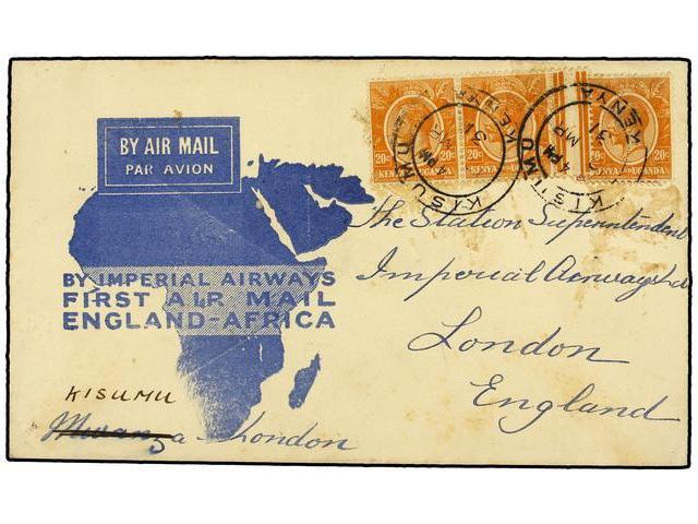 KENIA. 1931. KISUMU To LONDON. 20 Cts. Orange (3). AIR MAIL Cover, Arrival On Reverse. - Autres & Non Classés