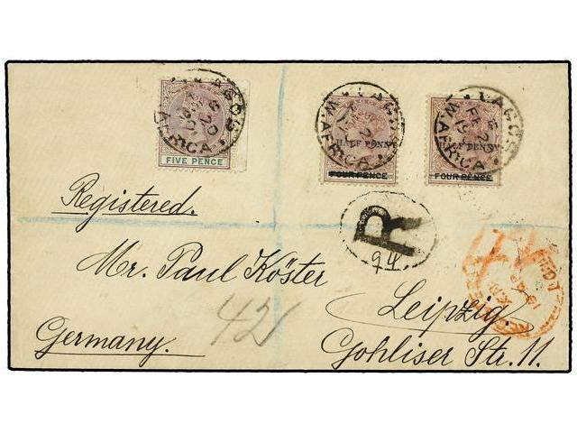 LAGOS. 1901 (20 Febrero). Envelope Registered To GERMANY, Bearing 1893 1/2 D. On 4 D. (2) And 1894 5 D. Dull Mauve And G - Autres & Non Classés