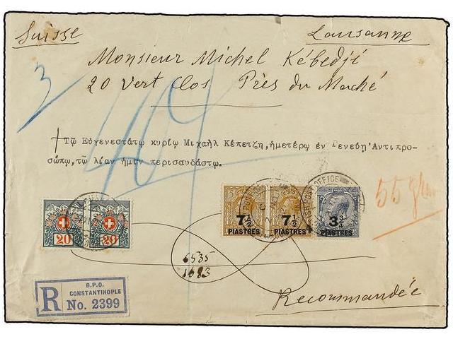 LEVANTE: CORREO INGLES. 1922. CONSTANTINOPLE To SWITZERLAND. 3 3/4 Pi. On 2 1/2 D. Blue And 7 1/2 Pi. On 5 P. Bister (2) - Autres & Non Classés