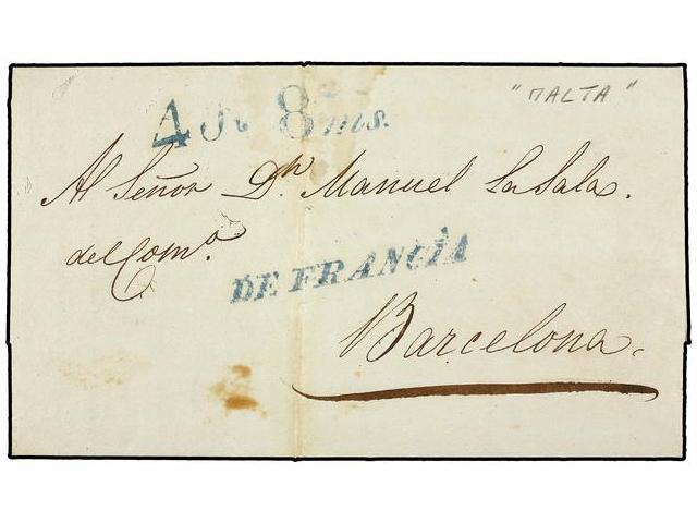 MALTA. 1839 (Feb. 17). Entire Letter From MALTA To BARCELONA Struck With DE FRANCIA Handstamp With Rate Markings ´4R 8ms - Autres & Non Classés