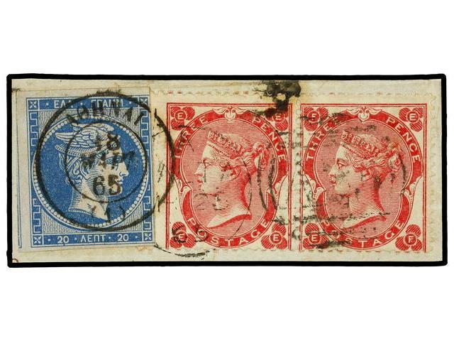 MALTA. 1865. PIECE With Great Britain 3 P. Rose (2) Stamps Tied By MALTA/A-25 And Greek 20 L. Blue Stamp Tied By ATHENS - Autres & Non Classés