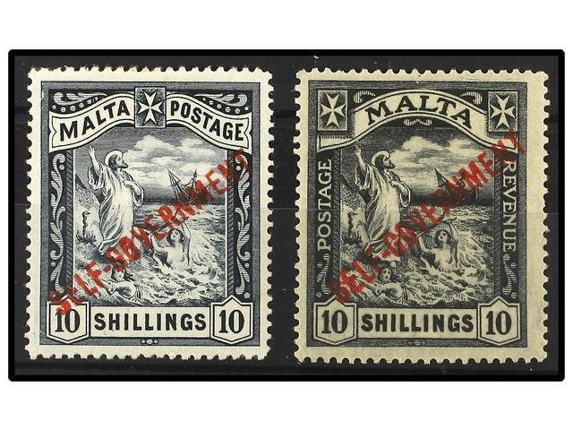 * MALTA. Sg.105, 121. 1922. 10 Sh. Black. 2 Stamps CC And CA Water Mark. Light Hinged. Stanley Gibbons.390£. - Autres & Non Classés
