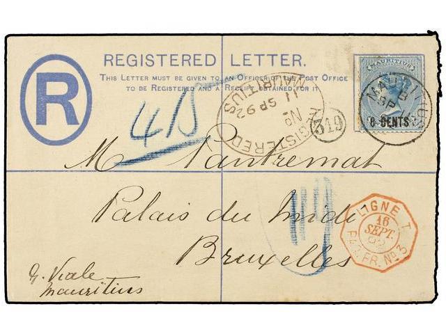 MAURICIO. Sg.85, 118 (4). 1892. MAURITIUS To BELGIUM. Registered Envelope Of 8 Cts. Grey Uprated By 2 Cents. On 4 Cents. - Autres & Non Classés