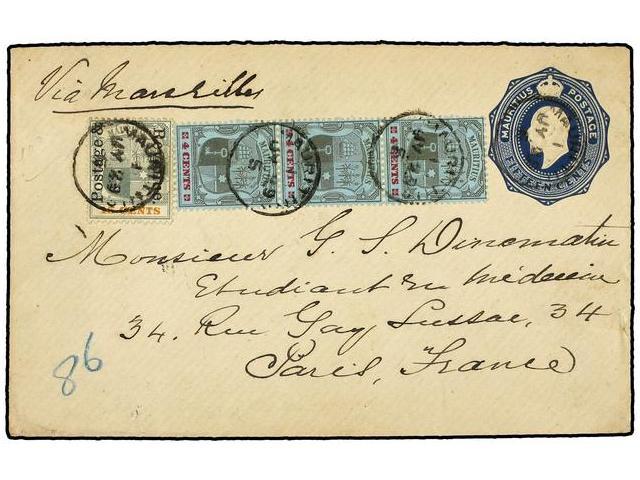 MAURICIO. 1929. MAURITIUS To PARÍS. 15 Cts. Blue Envelope Uprated By 4 Cts. (3) And 15 Cts. (ovpr. Postage And Revenue). - Autres & Non Classés