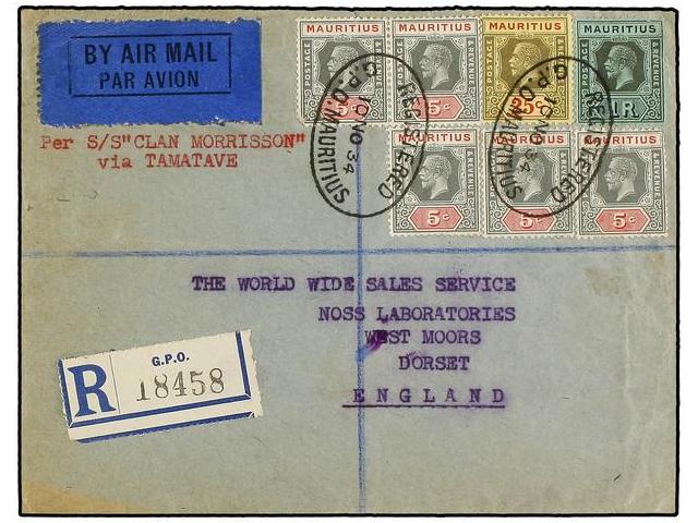 MAURICIO. Sg.196 (5), 199, 201. 1934. MAURITIUS To ENGLAND. 5 Cts. (5), 25 Cts. And 1 Rp. Registered Cover Arrival On Re - Autres & Non Classés