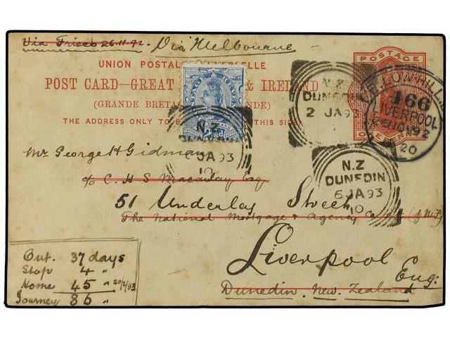 NUEVA ZELANDA. 1893 (Jan 6). GB 1d. Red Universal Stationery Card With Message (and Reply) On Reverse Written In Shortha - Autres & Non Classés