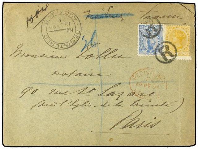 NUEVA ZELANDA. 1894. Registered Envelope To Paris, France, Franked 2½d. + 3d Tied By Small-circled ´R´ With Auckland Cds - Autres & Non Classés
