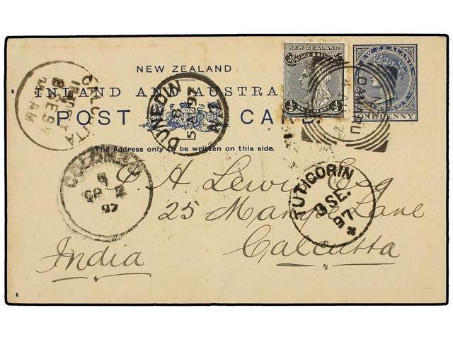 NUEVA ZELANDA. Sg.194. 1897. OMARU To CALCUTTA (India). Portal Stationary Card Uprated With 1/2 P. Black Stamp Arrival C - Autres & Non Classés