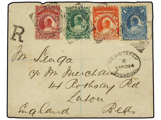 NIGERIA. 1894 (Oct.). Envelope Registered To LUTON, Bearing 1894 (Jan) 1/2 D. Vermilion 1 D. Dull Blue, 2 D. Green And 2 - Autres & Non Classés