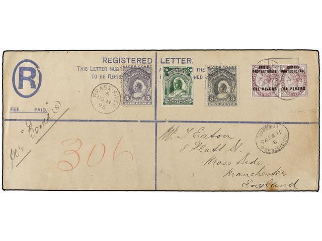 NIGERIA. 1895. BRASS RIVER To ENGLAND. Registered Envelope 2 P. Uprated By 1 Pl. Lilac (2), 1/2 P. Green, 5 P. Lilac And - Autres & Non Classés