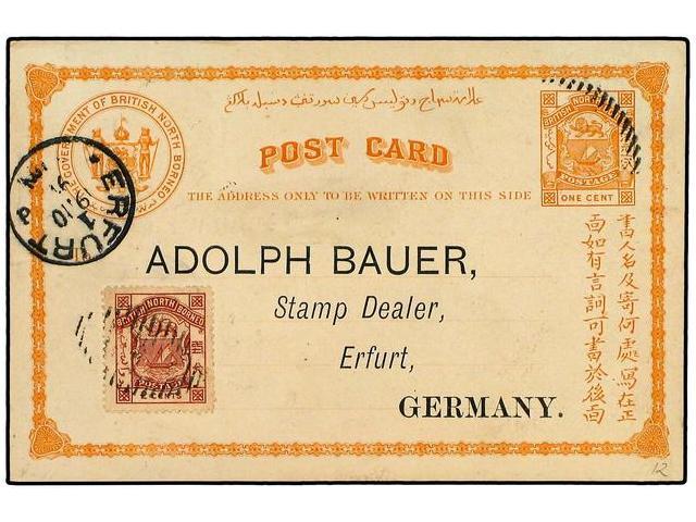 BORNEO. 1891. Usage Of 1889 1 C. Orange. Postal Stationery Card. (H&G 3), Up-rated For Use To GERMANY With 1886 2 C. Bro - Autres & Non Classés