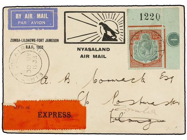 NYASSA. Sg.113. 1933. ZOMBA To LILOGNE. FIRST FLIGHT. 10 Sh. Red On Green With Plate Number ´1´ (slight Fault) Arrival O - Autres & Non Classés