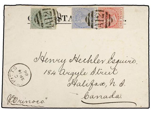 SAN CRISTOBAL. 1886. ST. KITTS To CANADA. 1/2 P.  Green, 1 P. Red And 2 1/2 P. Blue Tied By A12 Cancel, Arrival On Back. - Autres & Non Classés
