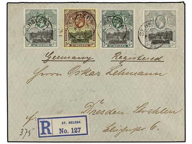 SANTA HELENA. Sg.72 (2), 75, 77. 1914. ST. HELENA To GERMANY. 1/2 D. 8(2), 2 D. And 3 D. Send Registered, Arrival Cds On - Autres & Non Classés