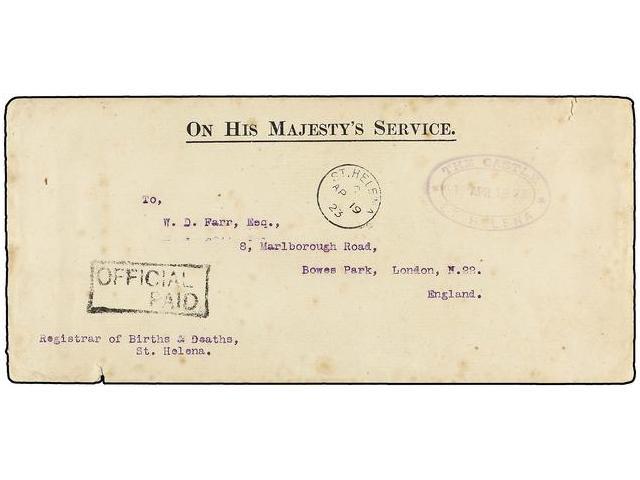 SANTA HELENA. 1923. THE CASTLE To ENGLAND. Large Envelope O.H.M.S. With OFFICIAL/PAID  Mark And ST. HELENA Cds. - Autres & Non Classés