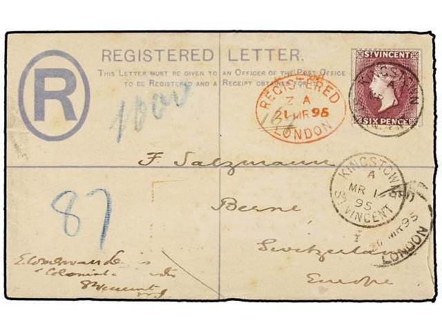 SAN VICENTE. 1895. KINGSTOWN To SWITZERLAND. 2 D. Grey Registered Envelope Uprated With 6 D. Purple, Arrival On Reverse. - Autres & Non Classés