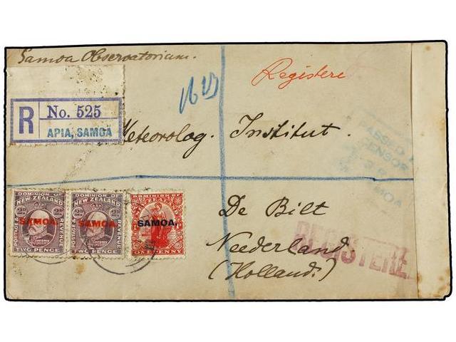 SAMOA. 1917. APIA To NETHERLANDS. Registered Cover Franked By 1 D. Red And 2 D. Purple (2). Censor Mark And Label. Arriv - Autres & Non Classés