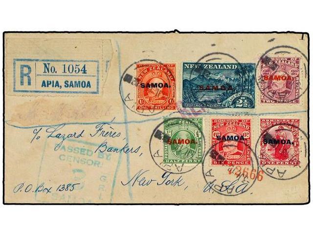 SAMOA. 1918. Registered Cover To NEW YORK With 1914-15 1/2 D., 1 D., 2 D., 2 1/2 D., 6 D. & 1 S. (SG 115-119, 121) All T - Autres & Non Classés