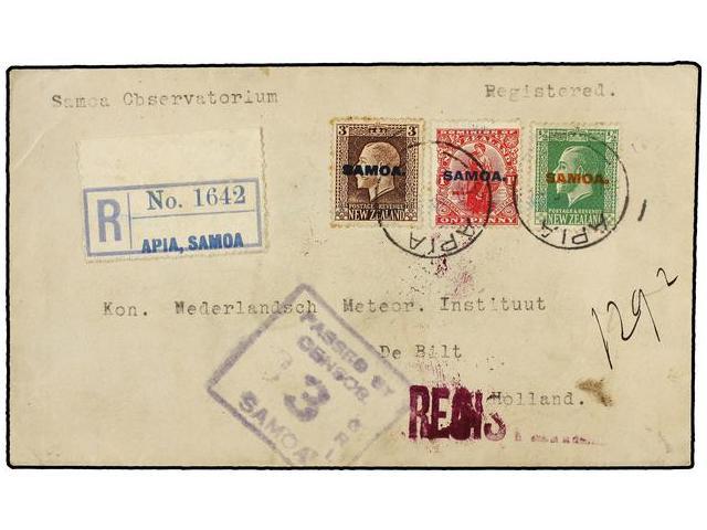SAMOA. 1919. APIA To HOLLAND. 1/2 P. Green, 1 P. Red And 3 P. Brown. Registered Cover, Censor Mark. Arrival Cds. On Back - Autres & Non Classés