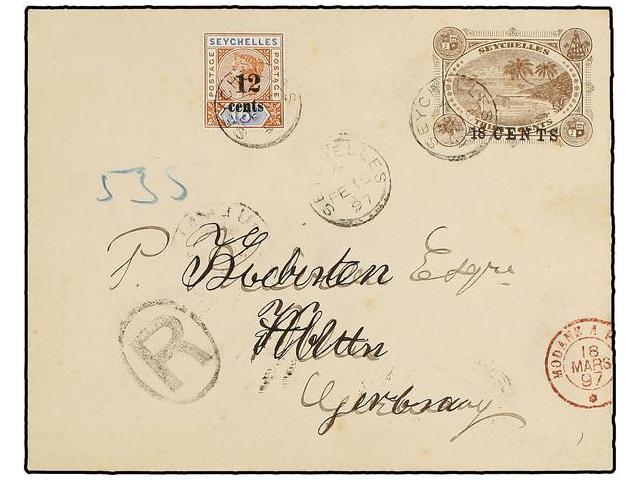 SEYCHELLES. Sg.17. 1897. SEYCHELLES To GERMANY. 18 Cents. On 30 Cents. Envelope Uprated With 12 Cents. On 16 Cts. Stamps - Autres & Non Classés