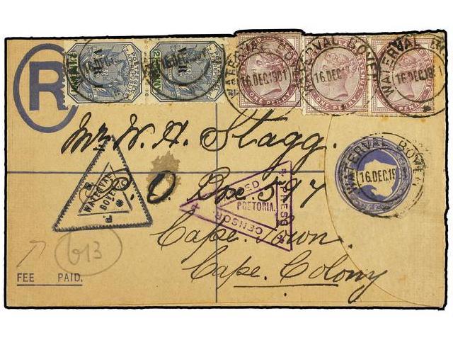 AFRICA DEL SUR. 1901. WATERWAL To CAPETOWN. Envelope Registered 2 P. Blue Uprated 1 P. Lilac (3) And 2 1/2 P. Blue And G - Autres & Non Classés