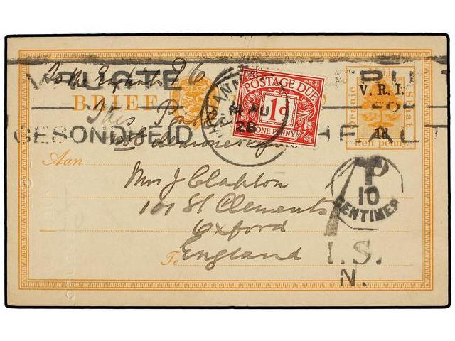 AFRICA DEL SUR. 1928. JOHANNESBURG To ENGLAND. 1 D. Orange Postal Stationary Card V.R.I. Taxed On Arrival With British 1 - Autres & Non Classés