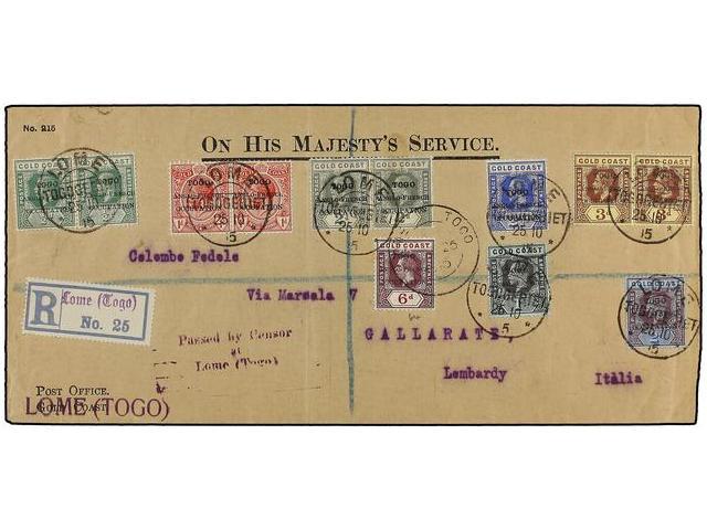 TOGO. 1915. Registered Cover Used To ITALY Bearing KGV Values To 2/- Cancelled By The LOME/TOGO Cds´s Supported By The R - Autres & Non Classés