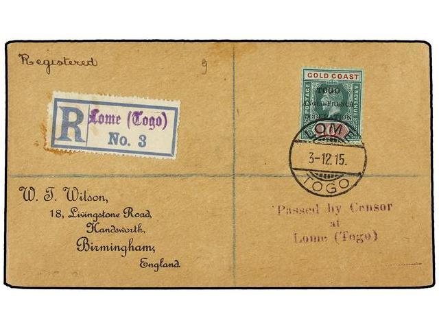 TOGO. Sg.H45. 1915. ANGLO FRENCH OCCUPATION. LOME To GREAT BRITAIN. 10 Sh. Green And Red. Registered Cover. Arrival Cds. - Autres & Non Classés