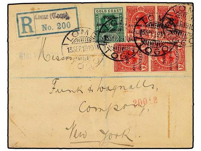 TOGO. 1919. Registered Cover Used To NEW YORK Bearing 1/2 D. & 1 D. X4 Ovpts Tied By The LOME TOGO Cds´s Supported By Th - Autres & Non Classés