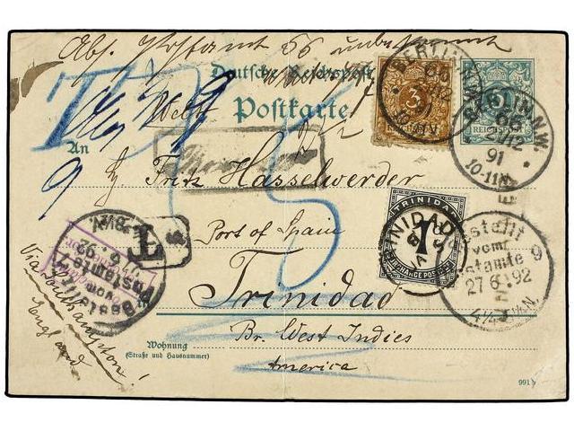 TRINIDAD. 1891. BERLIN (Germany) To PORT OF SPAIN. 5 Pf. Green German Postal Stationery Uprated With 3 P. Yellow Brown S - Autres & Non Classés