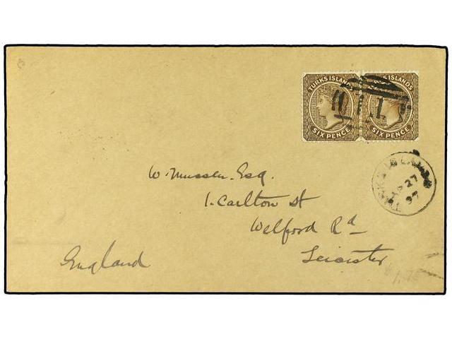 TURKS Y CAICOS. 1897 (April 27). Cover To Leicester Franked By 1889 6d. Yellow Brown Pair Tied By ´T1´ Obliterator With - Autres & Non Classés