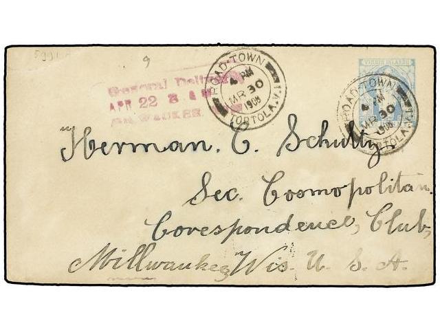 ISLAS VIRGENES. 1909. ROAD-TOWN To U.S.A. Postal Stationery Of 2 1/2 P. Blue Tied By ROAD-TOWN/TORTOLA Cancel. Arrival O - Other & Unclassified